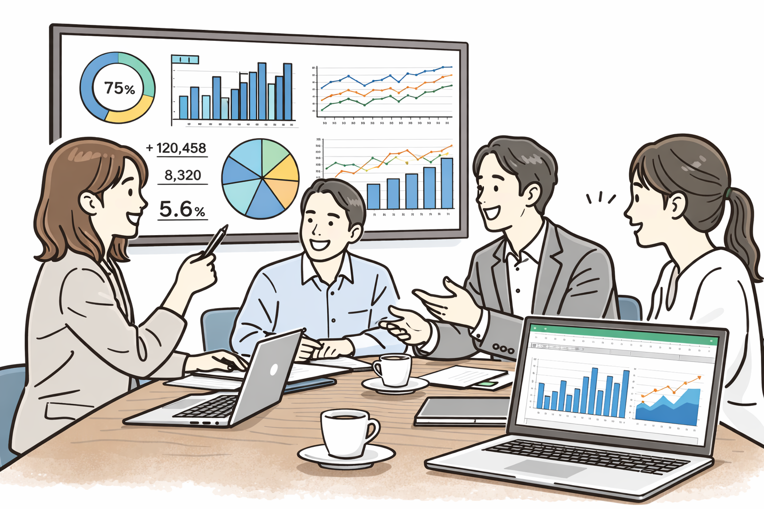 統計・データ分析研修のイメージ：チームでデータを見ながら議論する様子