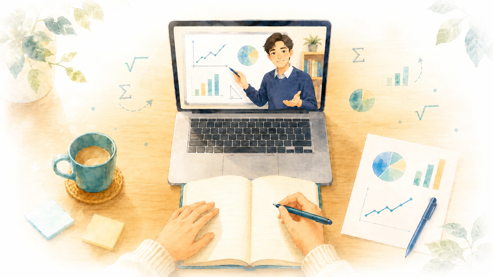 オンラインで楽しく学ぶ受講者と寄り添う講師のイラスト
