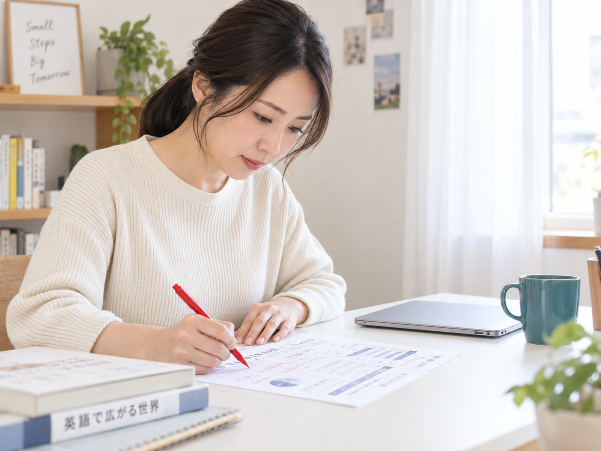 模擬試験の結果を見直す社会人のイメージ