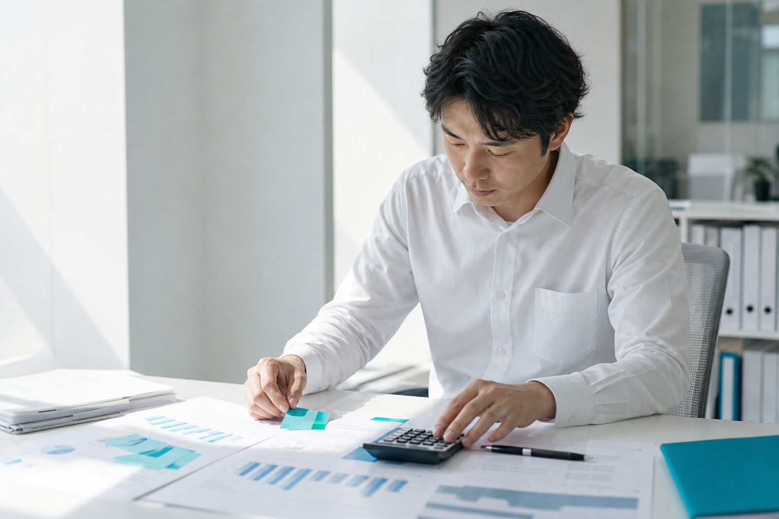 オフィスで決算資料と電卓を前に学習するビジネスパーソン