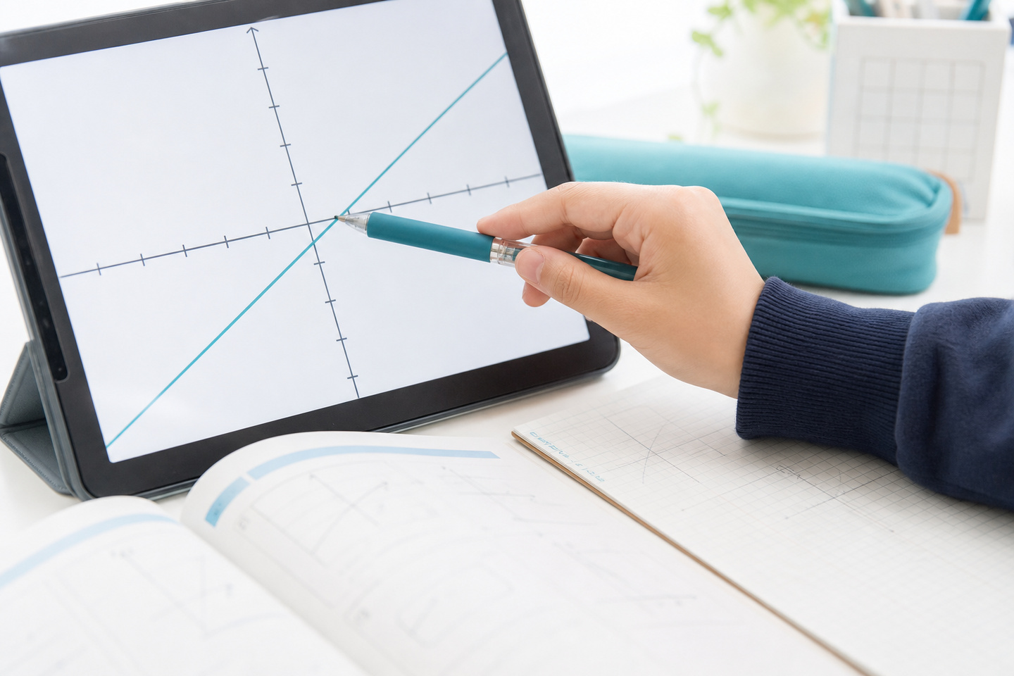 画面共有の一次関数のグラフを講師と一緒に確認する中学生の手元