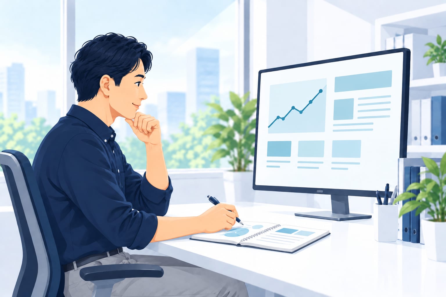 マーケティング担当者がClaude Coworkでレポートを作るイメージ