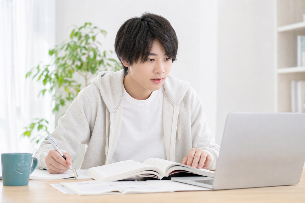 ノートPCと専門書を開き、大学の講義内容を確認しながら学ぶ大学生