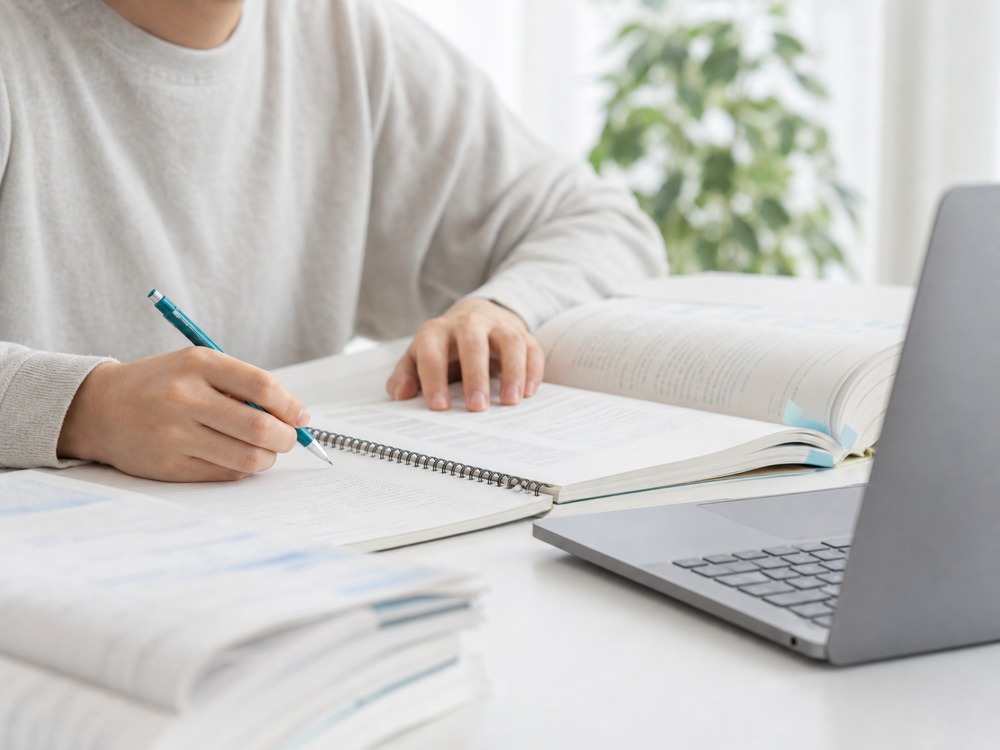大学の講義ノートと専門書、配布プリントを並べて書き込む学生の手元