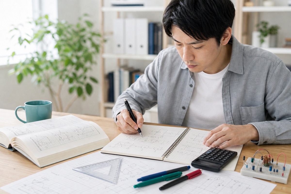 回路図と数式で電験二種の数学に取り組む様子