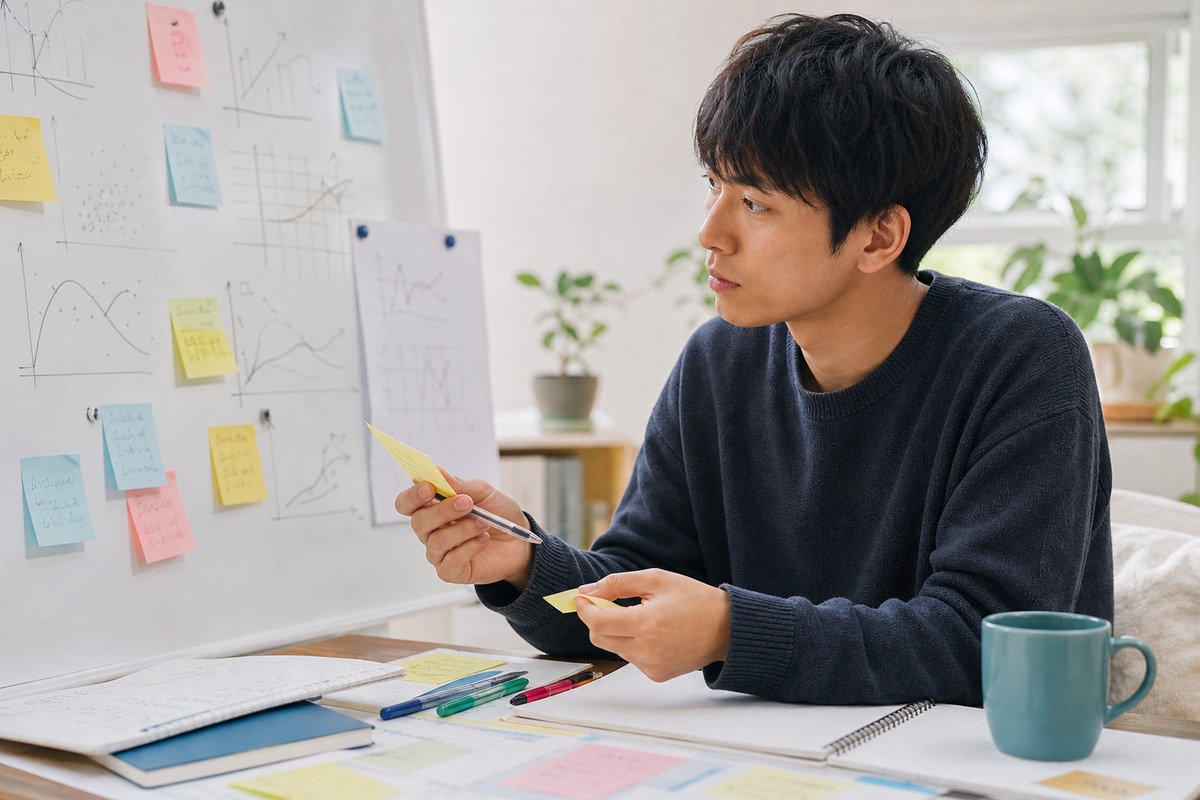 ノートPCとホワイトボードでデータサイエンスを学ぶ様子(DS検定)