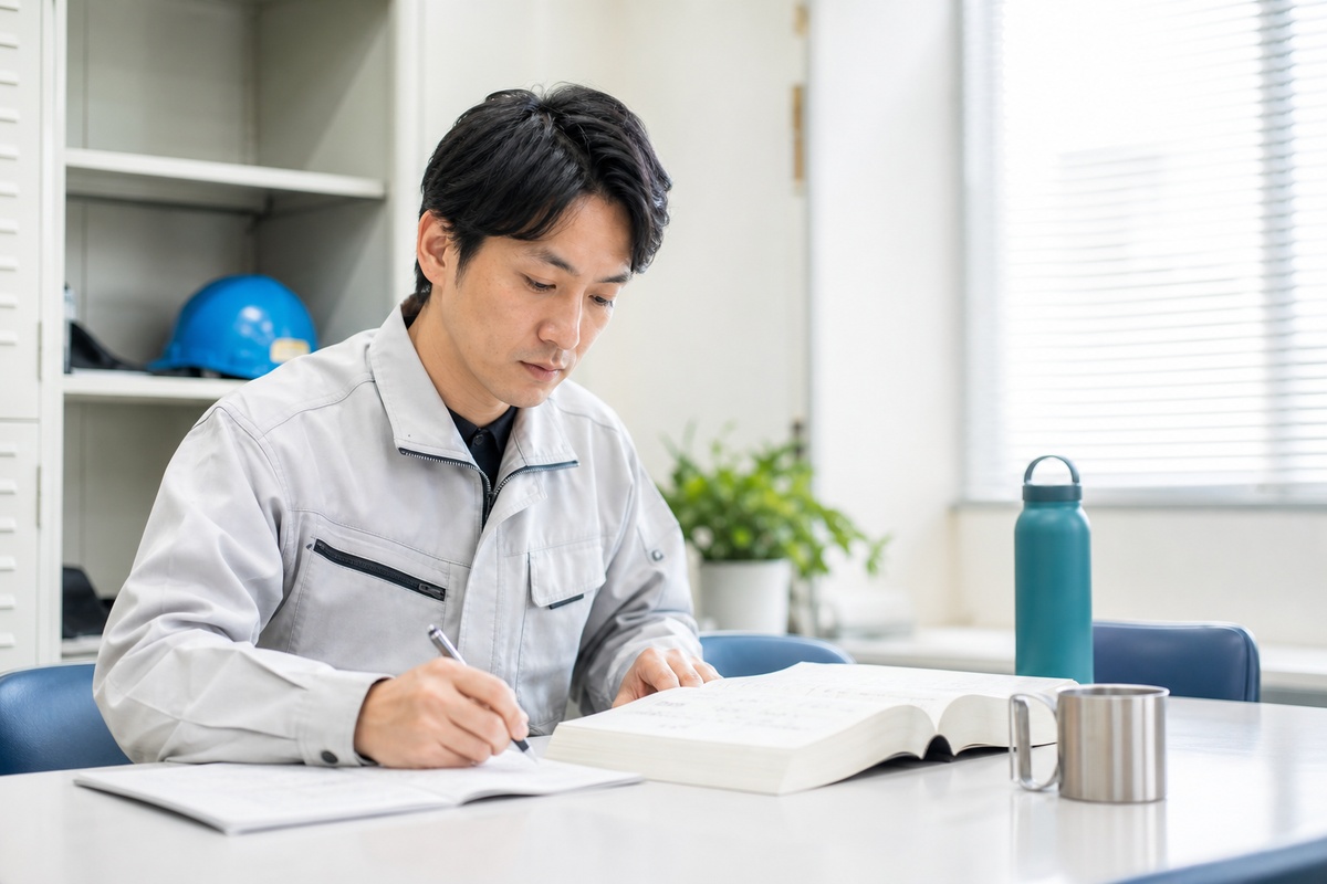 休憩室でテキストを開いて計算に取り組む作業服の社会人