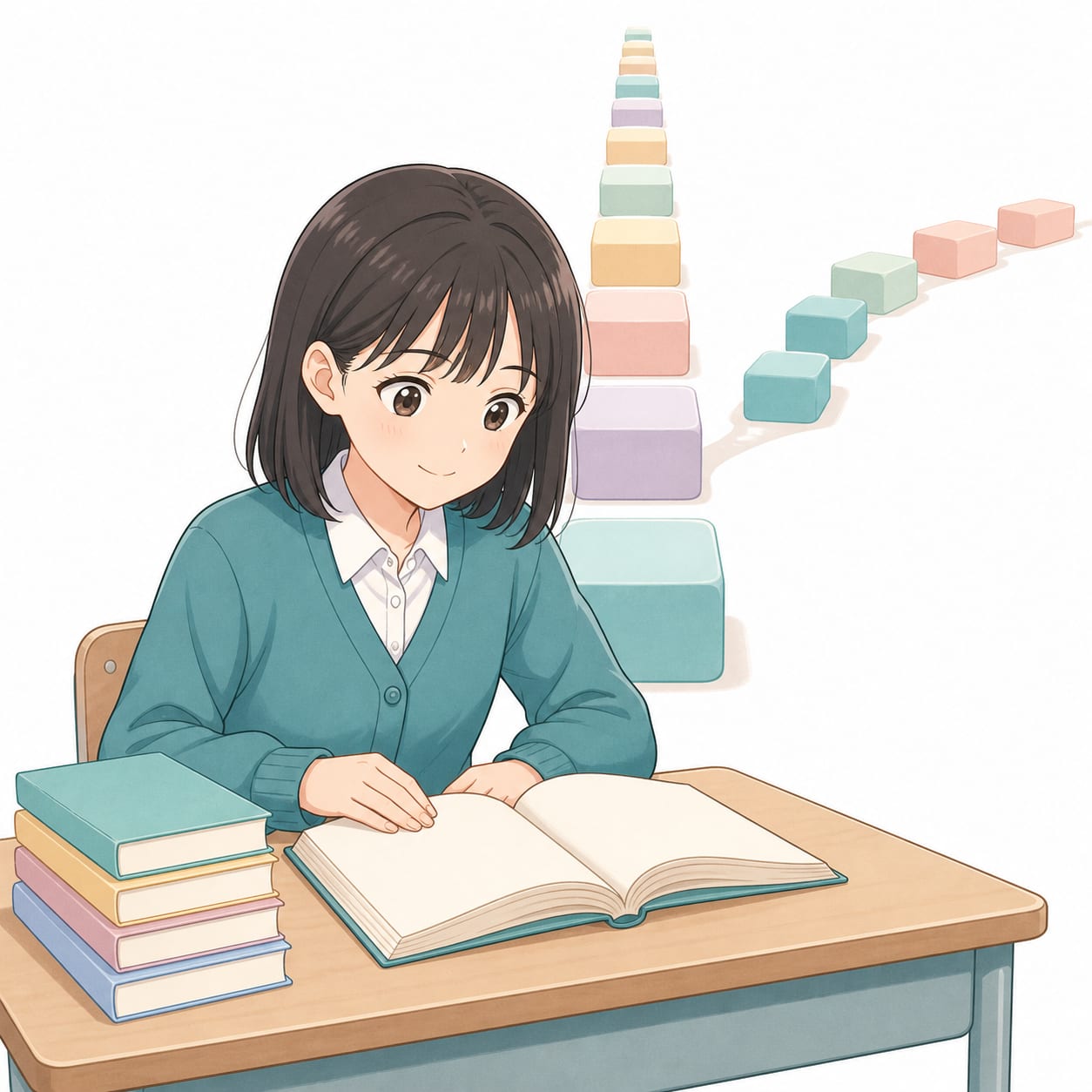 自分の本を開いて読んでいる中学生のイラスト