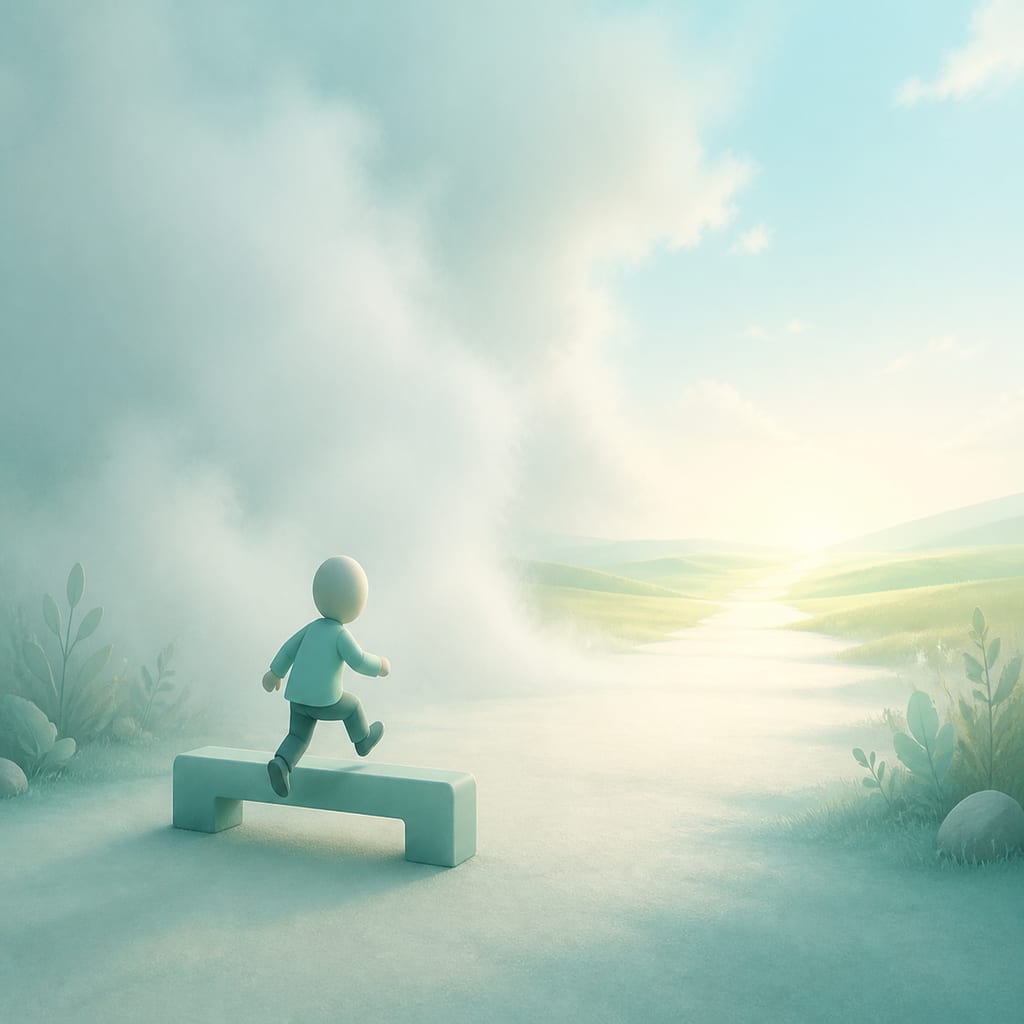 低いハードルを越えると先の道が開ける様子を表したイラスト