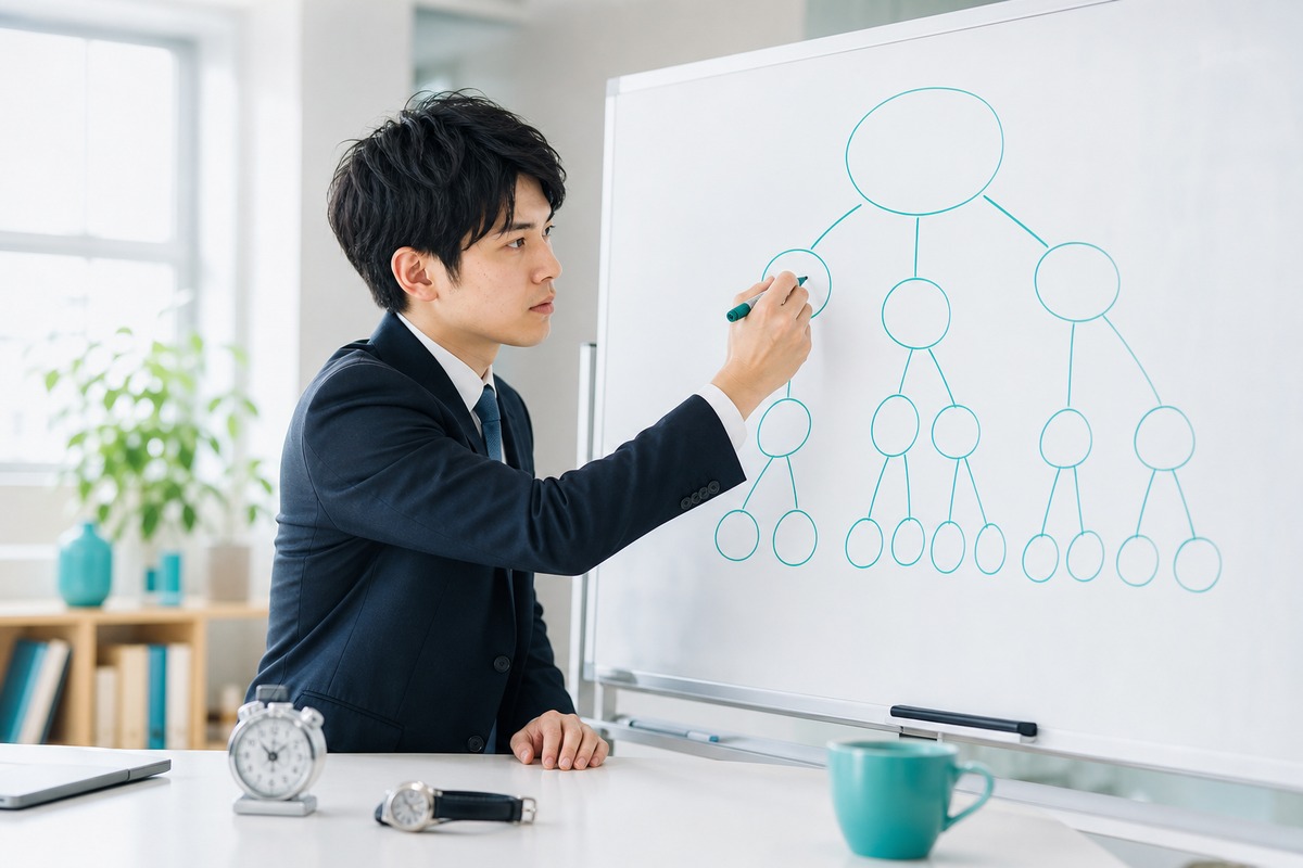 ホワイトボードに分解の図を描いて概算する様子