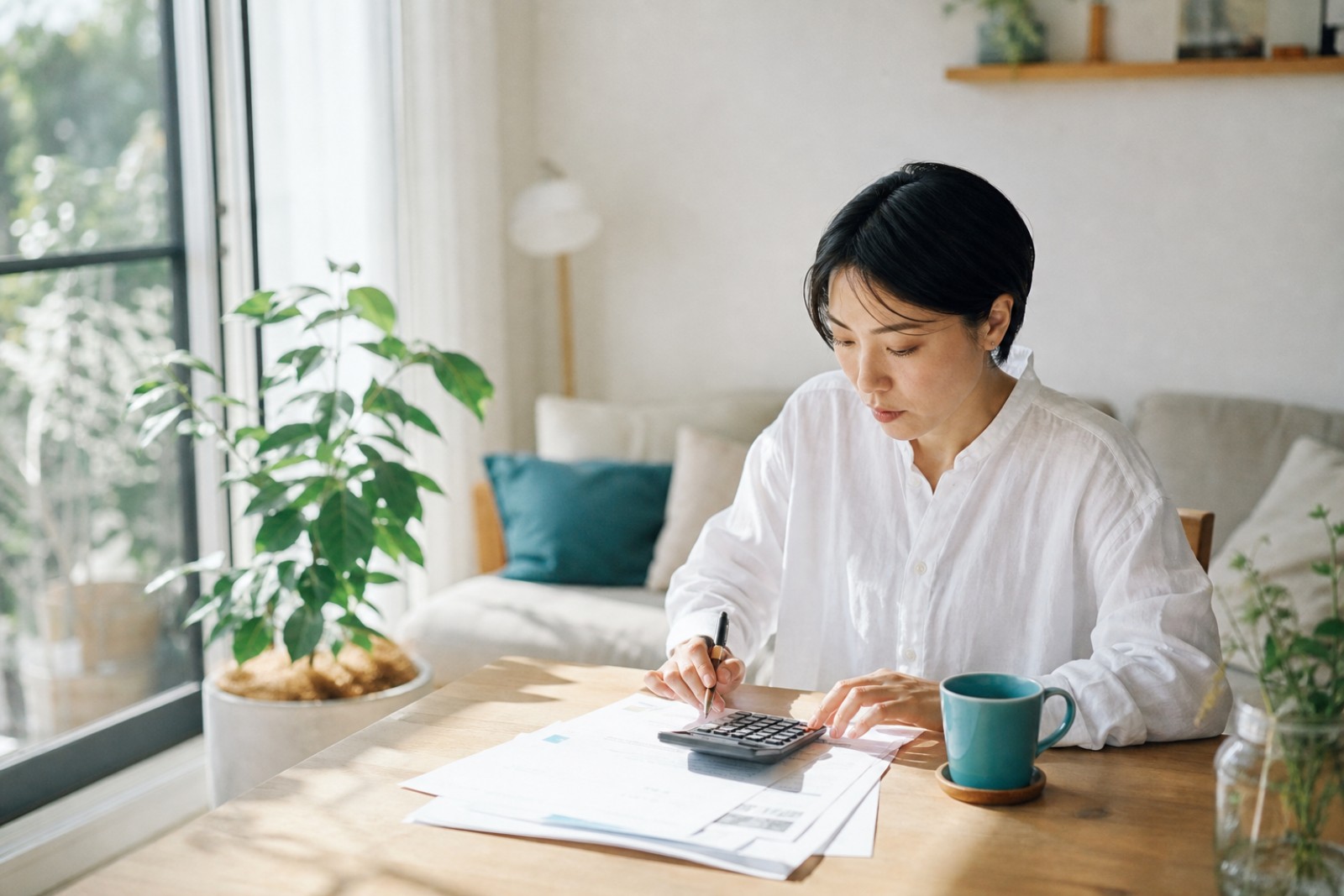 リビングでテキストと電卓を広げてFPの学習に取り組む人