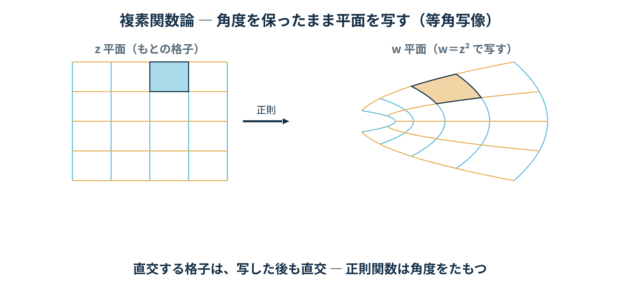 複素関数w=z²で直交する格子が角度を保ったまま曲がる等角写像の図｜複素関数論の学び直し講座