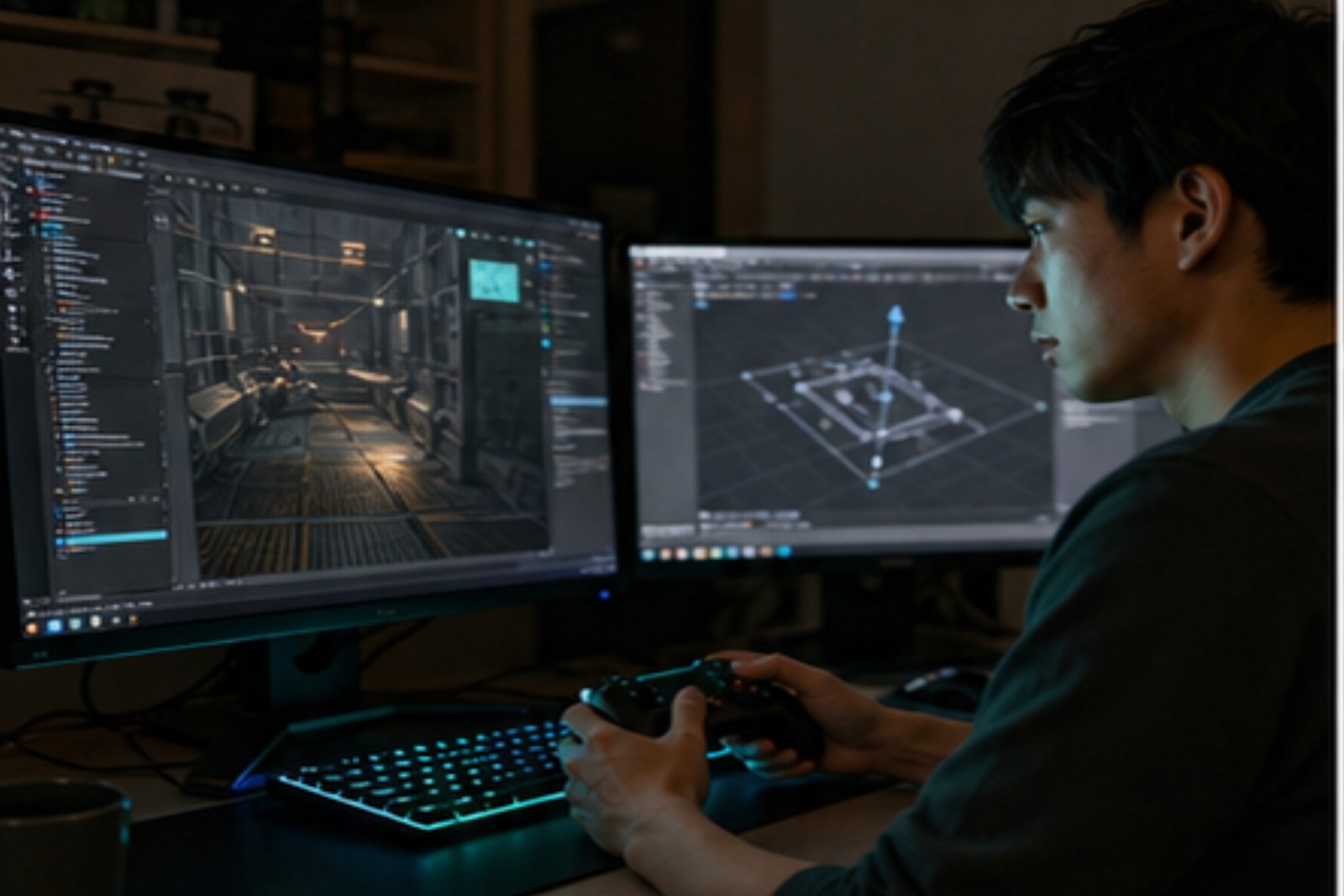デュアルモニタでゲーム画面とノートを開いて開発に取り組む様子
