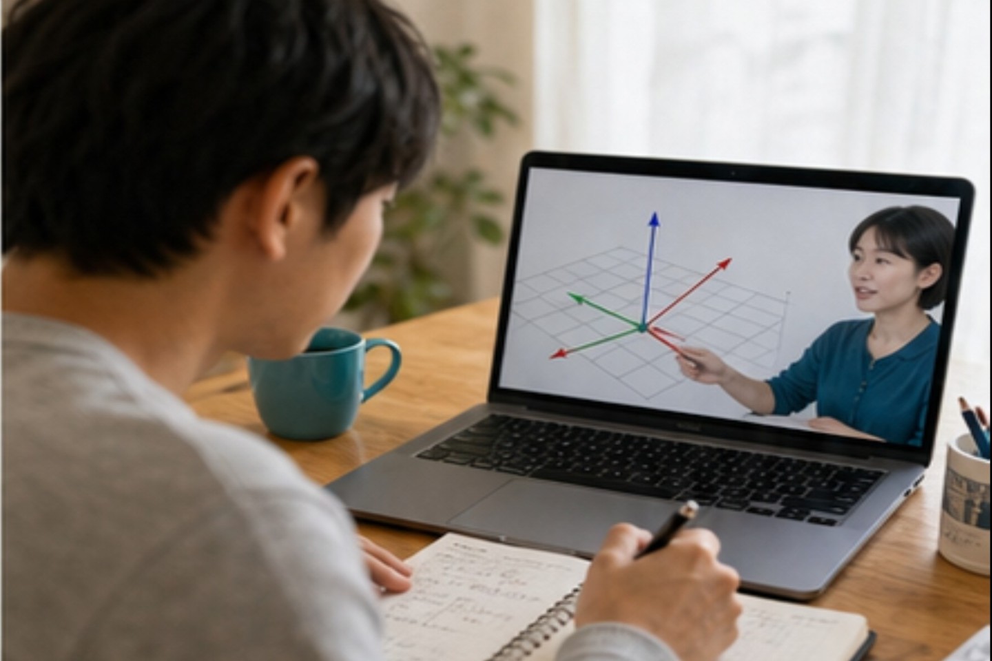 講師と画面共有しながら3D座標の変換を図解する様子