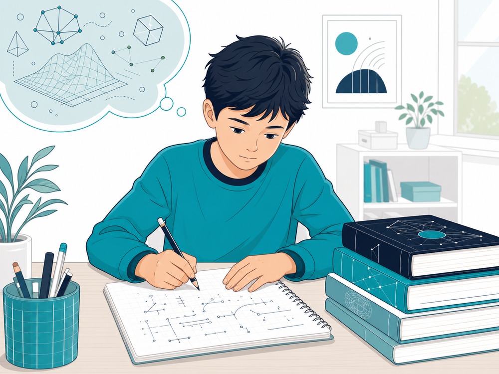 難しい数学の本を積みながら、書く作業を丁寧に練習する小学生