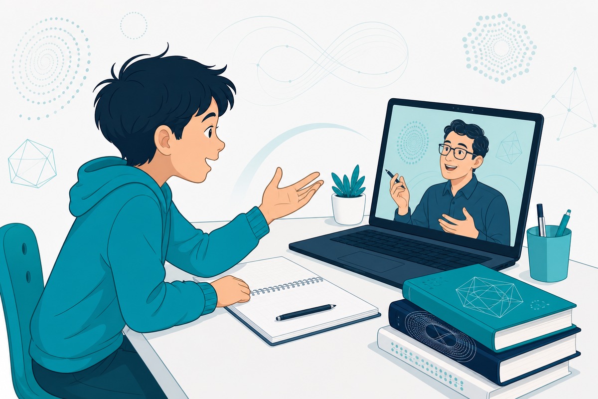 オンラインで講師と数学の話をする小学生