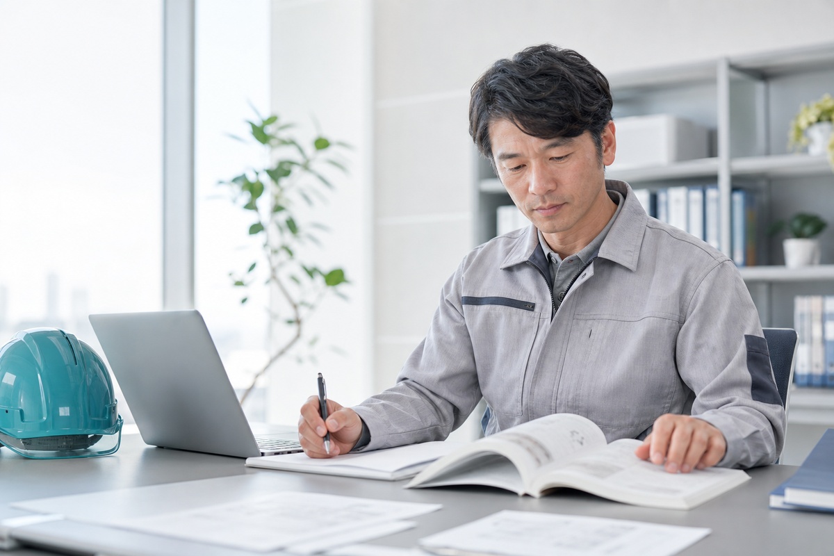 オフィスで技術士第一次試験の参考書とノートPCに向かうエンジニア
