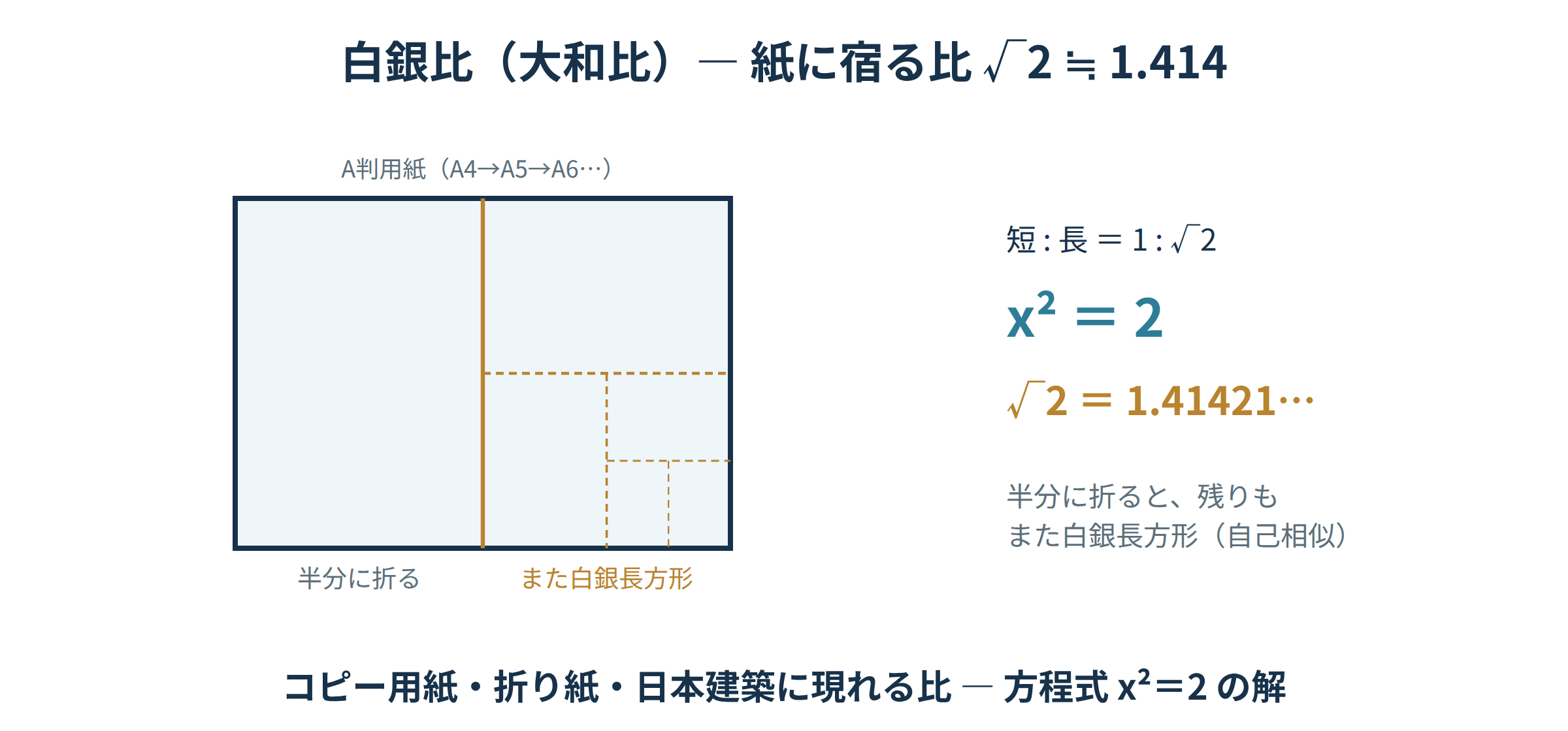 白銀比(大和比)1:√2とA判用紙の自己相似(半分に折るとまた白銀長方形)を方程式x²=2で表した図|美しい比率と方程式の講座