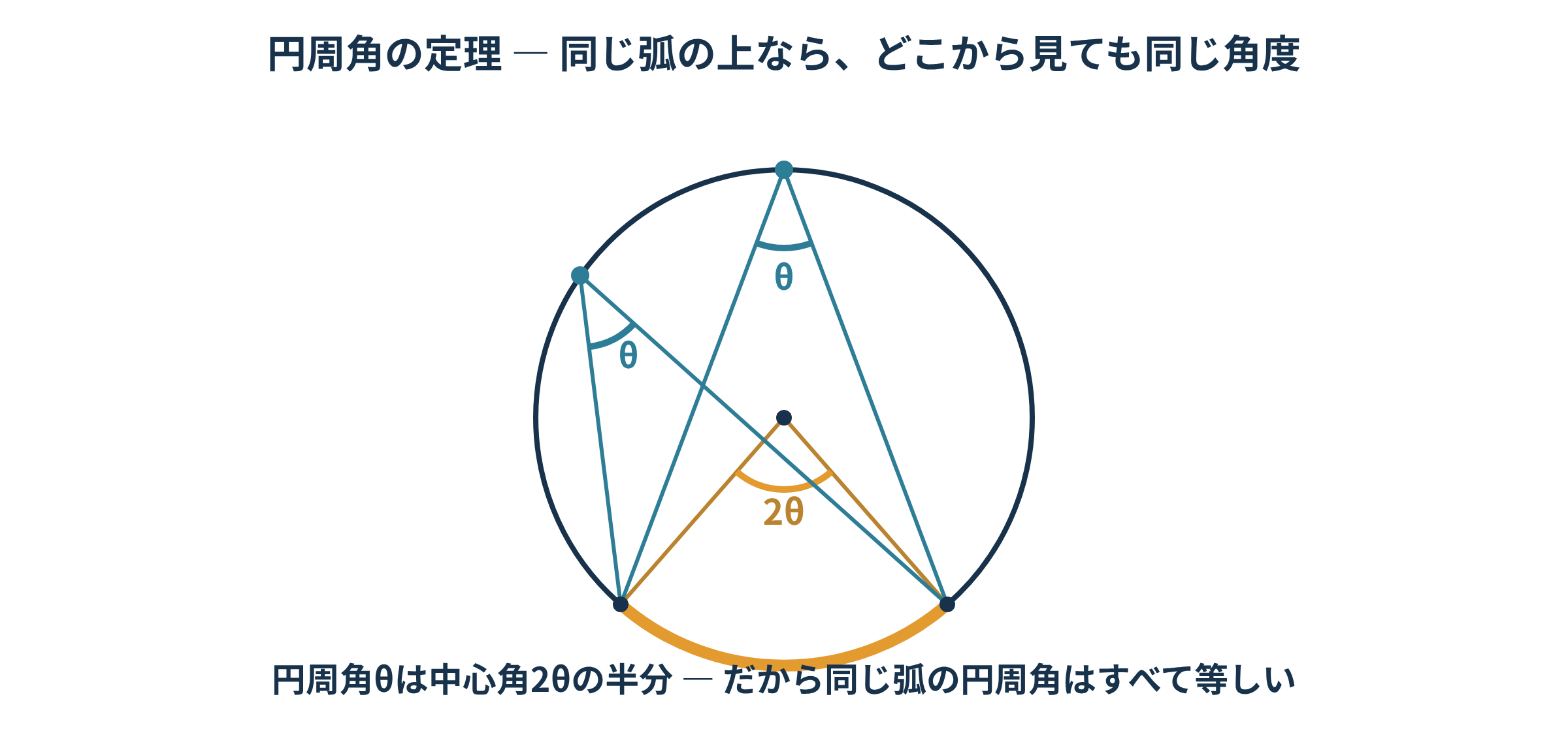 同じ弧に対する円周角がどの位置でも等しく、中心角の半分になることを示す円周角の定理の図解