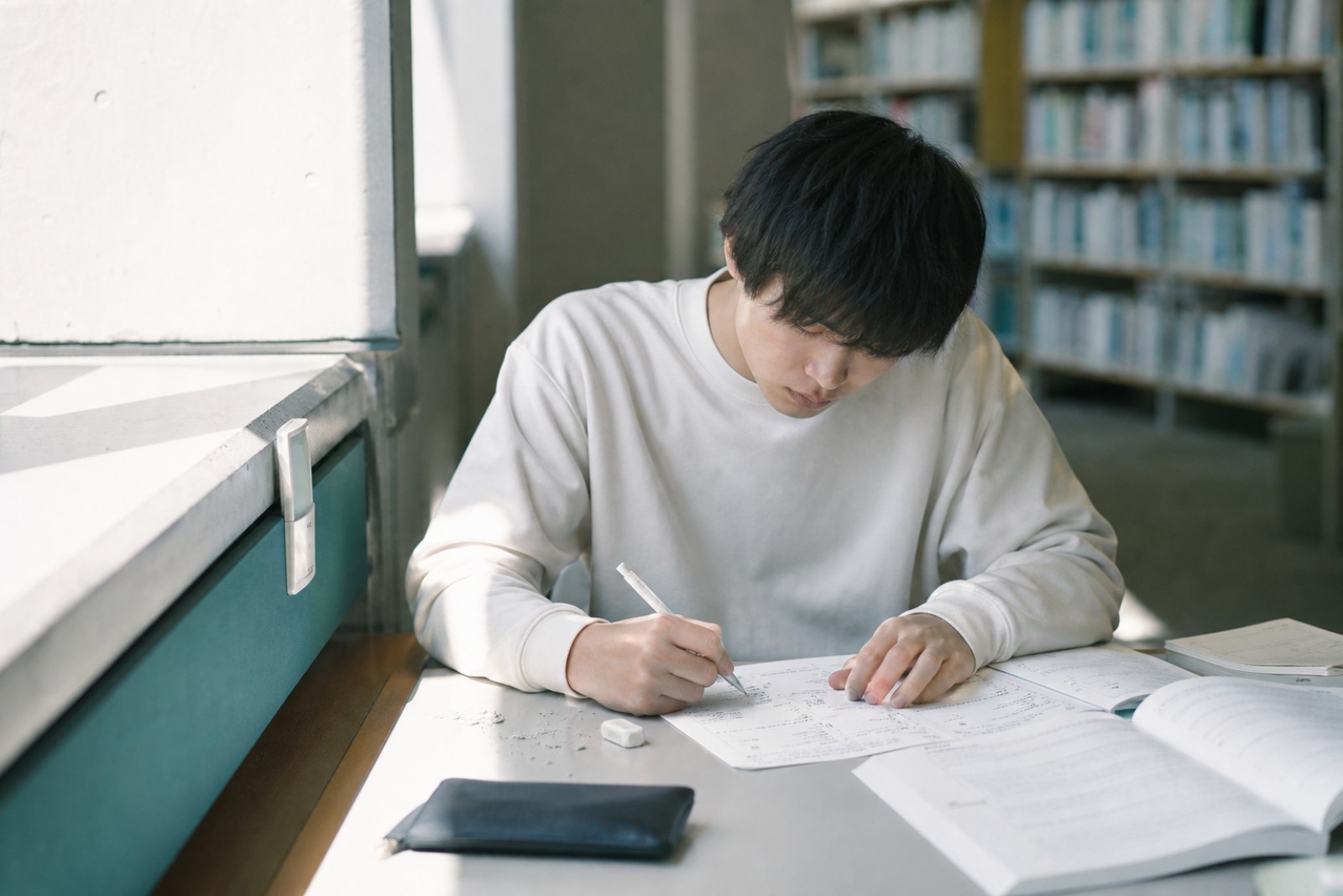 図書館で編入試験の過去問に取り組む学生