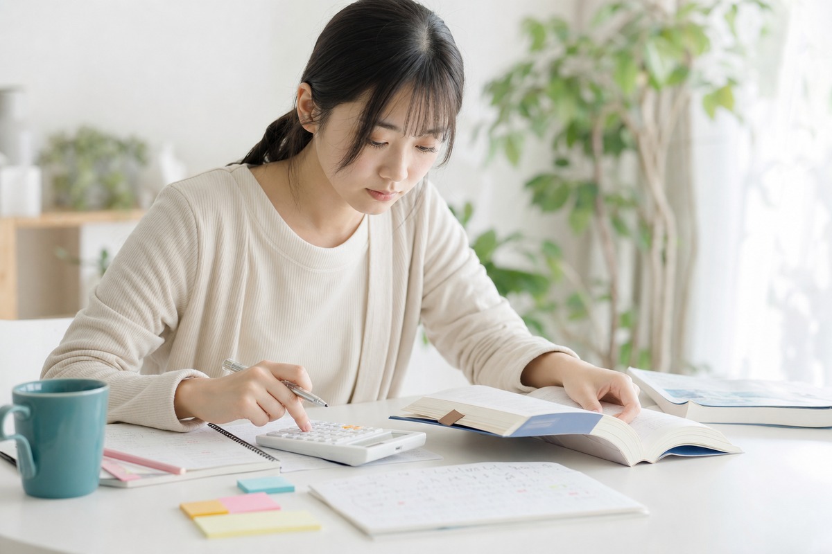 医療系テキストと電卓で国家試験の計算問題を学ぶ様子