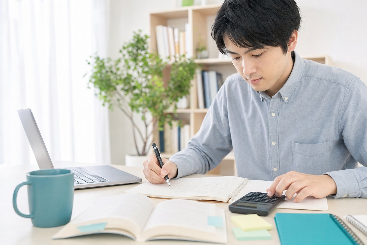 PCと電卓でITパスポート・基本情報の計算問題に取り組む社会人