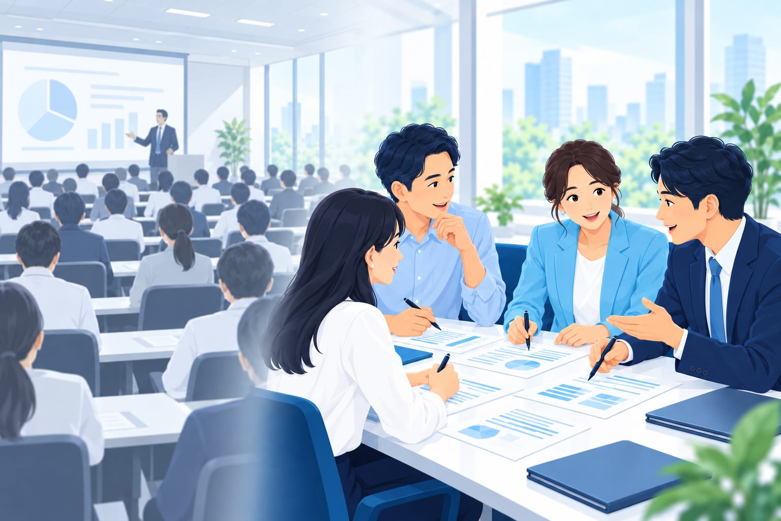 汎用的な講義と、業務に直結した実習の違いのイメージ