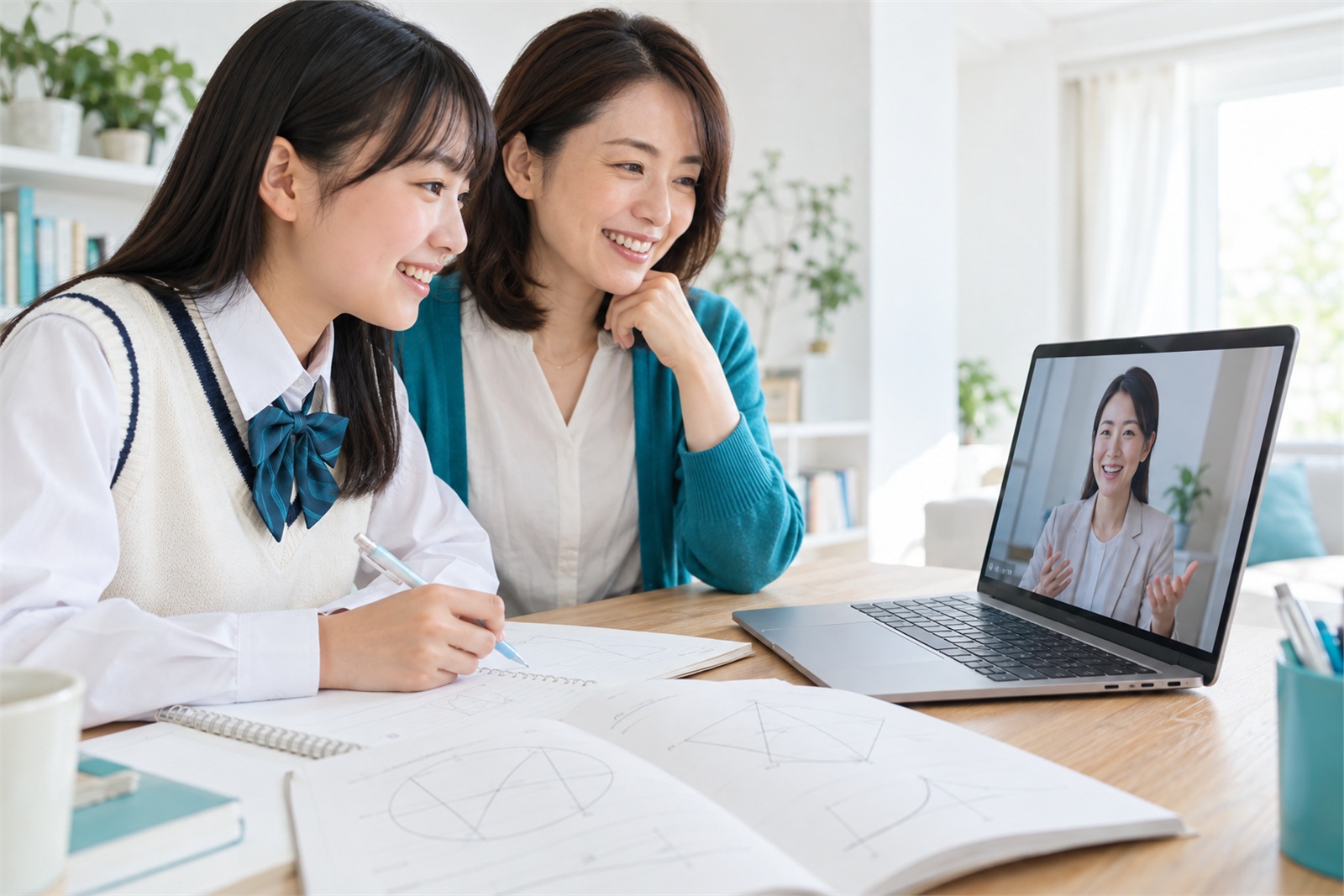 前の塾のテキストを広げ、講師と数学の進度を確認する中学生と保護者