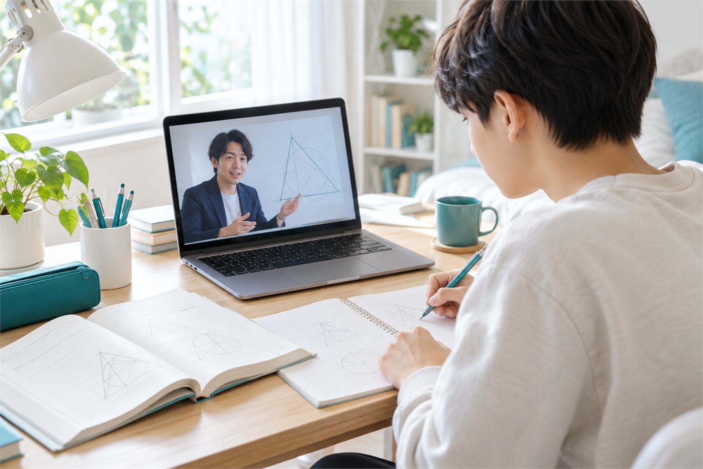 前の塾の教材とノートを見ながら、講師が生徒さんにオンラインで数学を教える様子