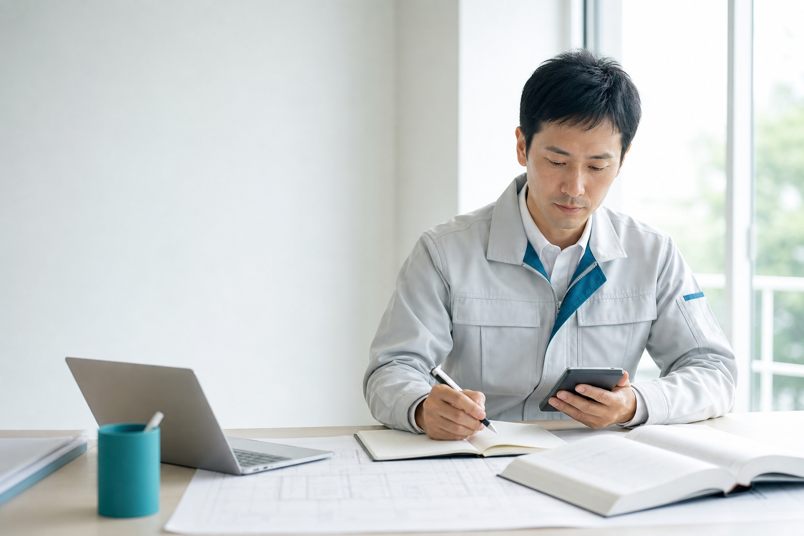 建築設備士試験のテキストと電卓で計算問題に取り組む社会人