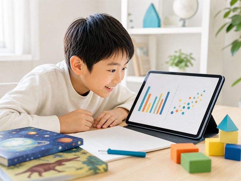 タブレットのグラフに夢中になる子ども