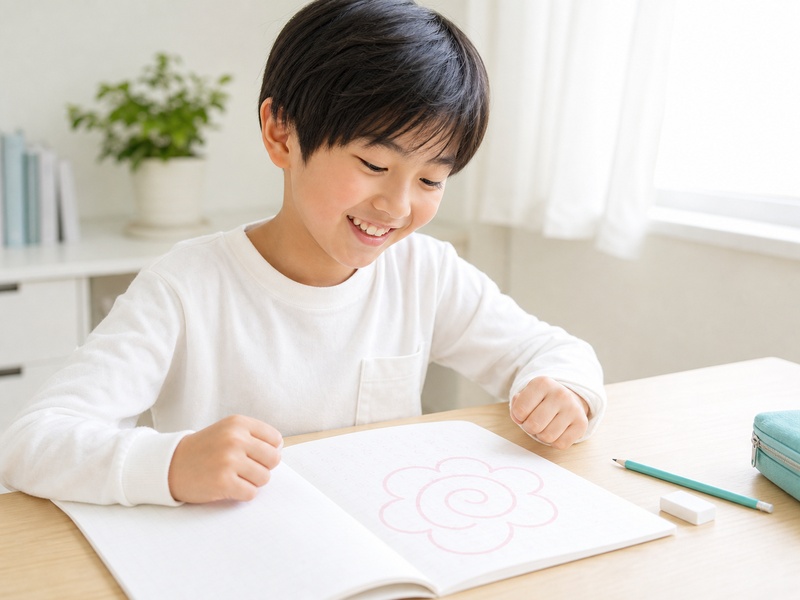 ノートに花まるをもらって笑顔になる子ども