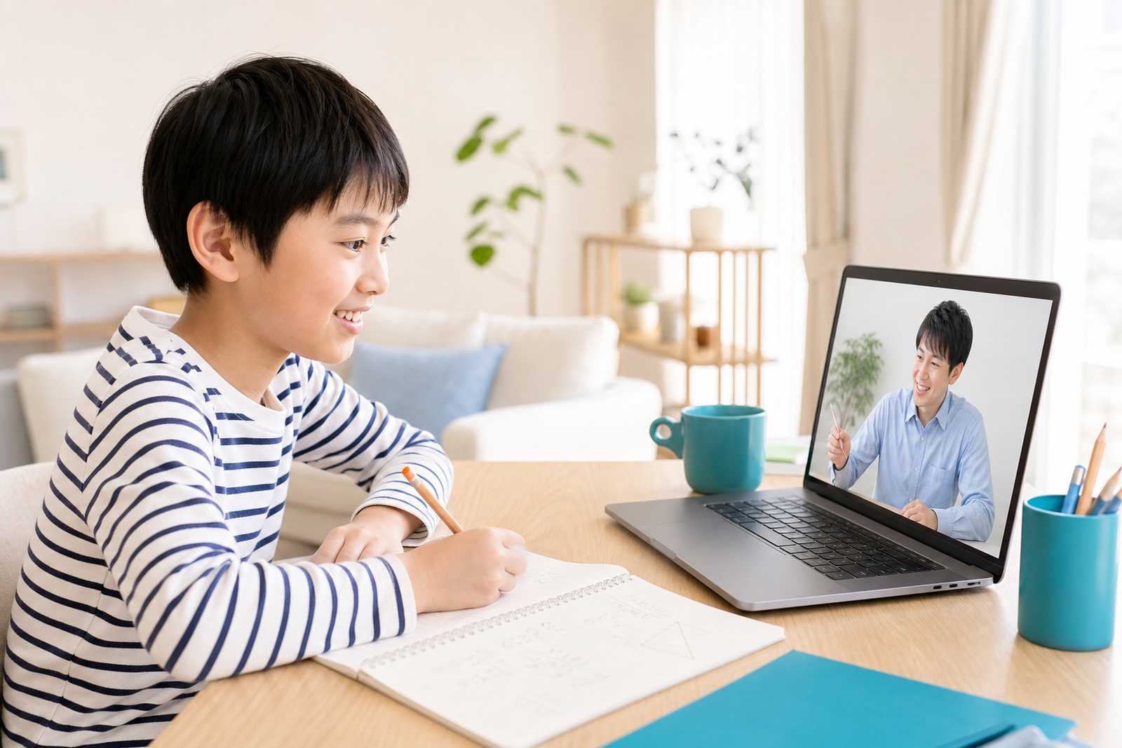 自宅からオンラインで算数のマンツーマン授業を受ける小学生