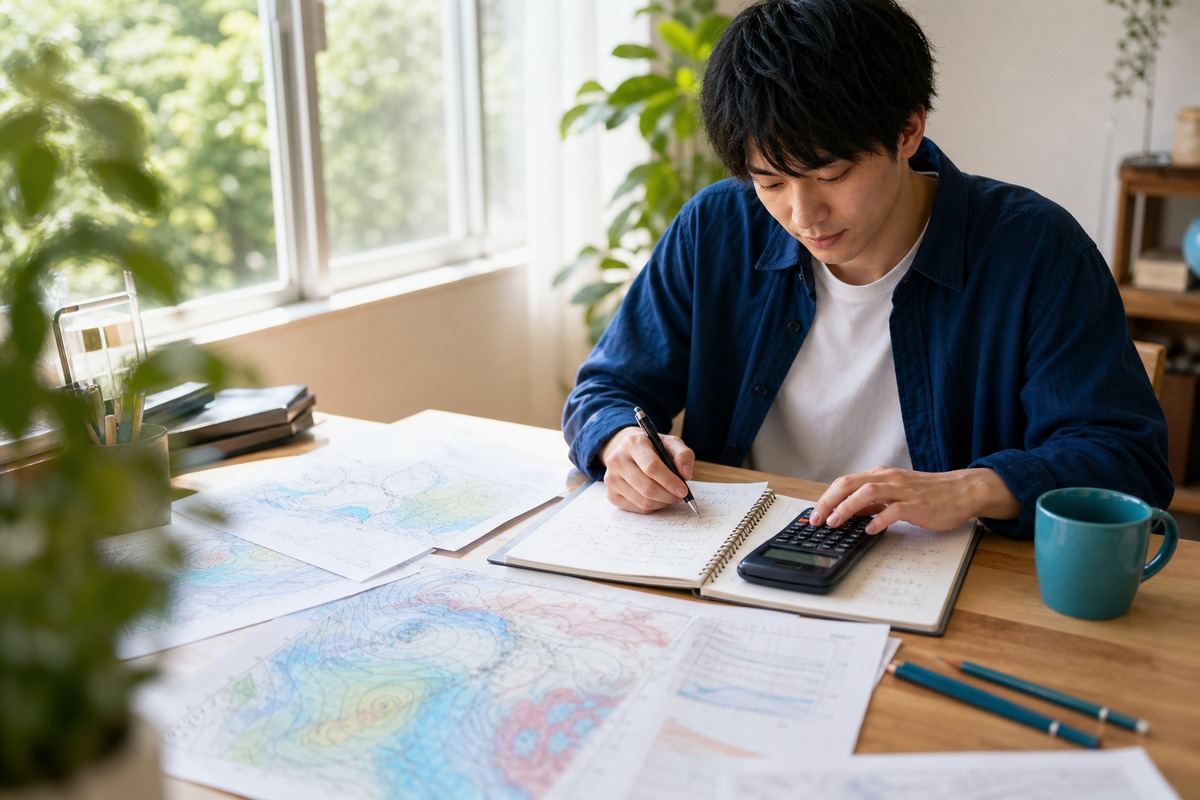 天気図と関数電卓で気象予報士の物理計算に取り組む様子