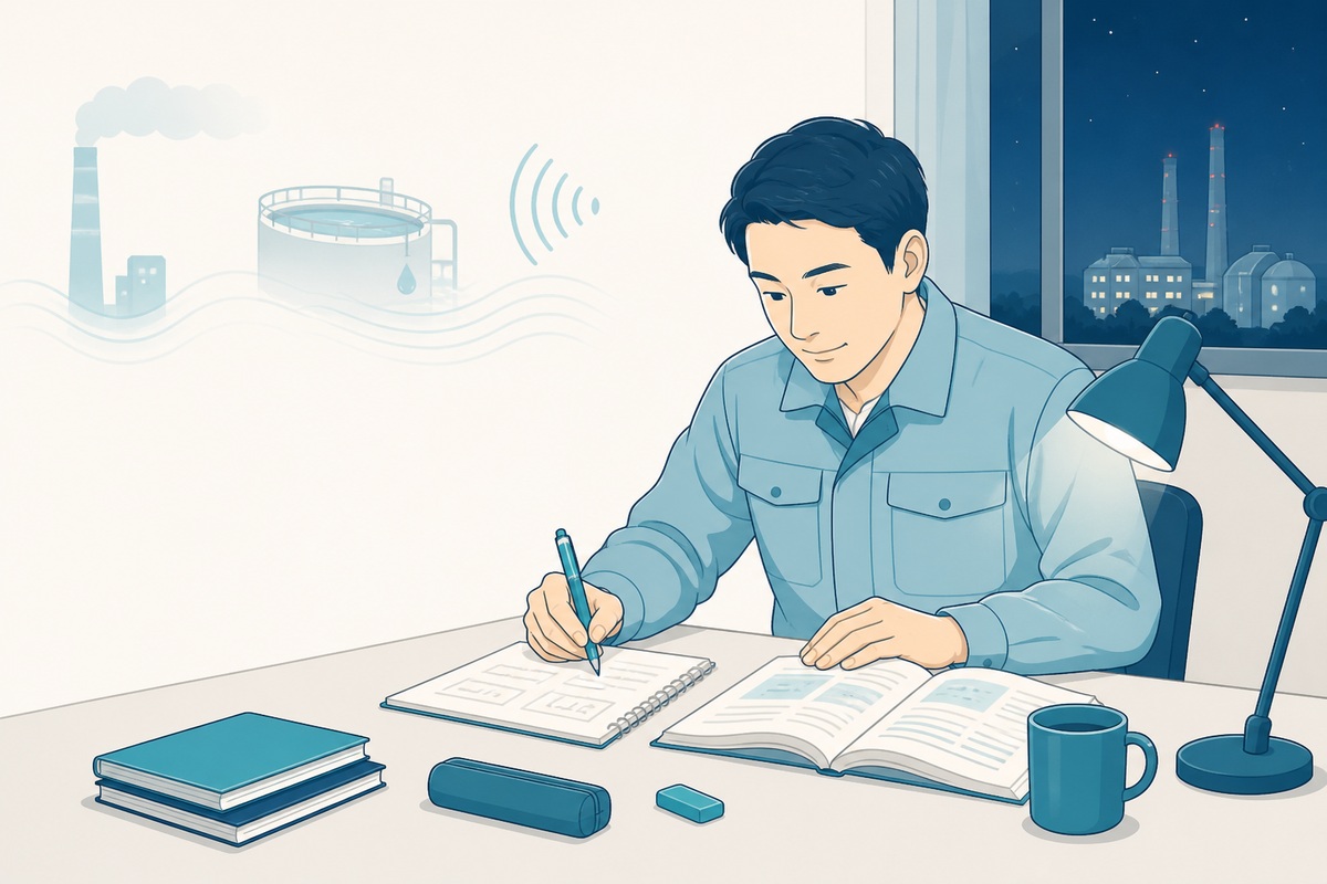夜のデスクで公害防止管理者試験の計算問題に取り組む作業服の社会人