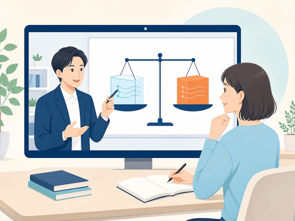 オンライン個別指導で、講師と受講者が天秤の図を使って計算の意味を確認している様子
