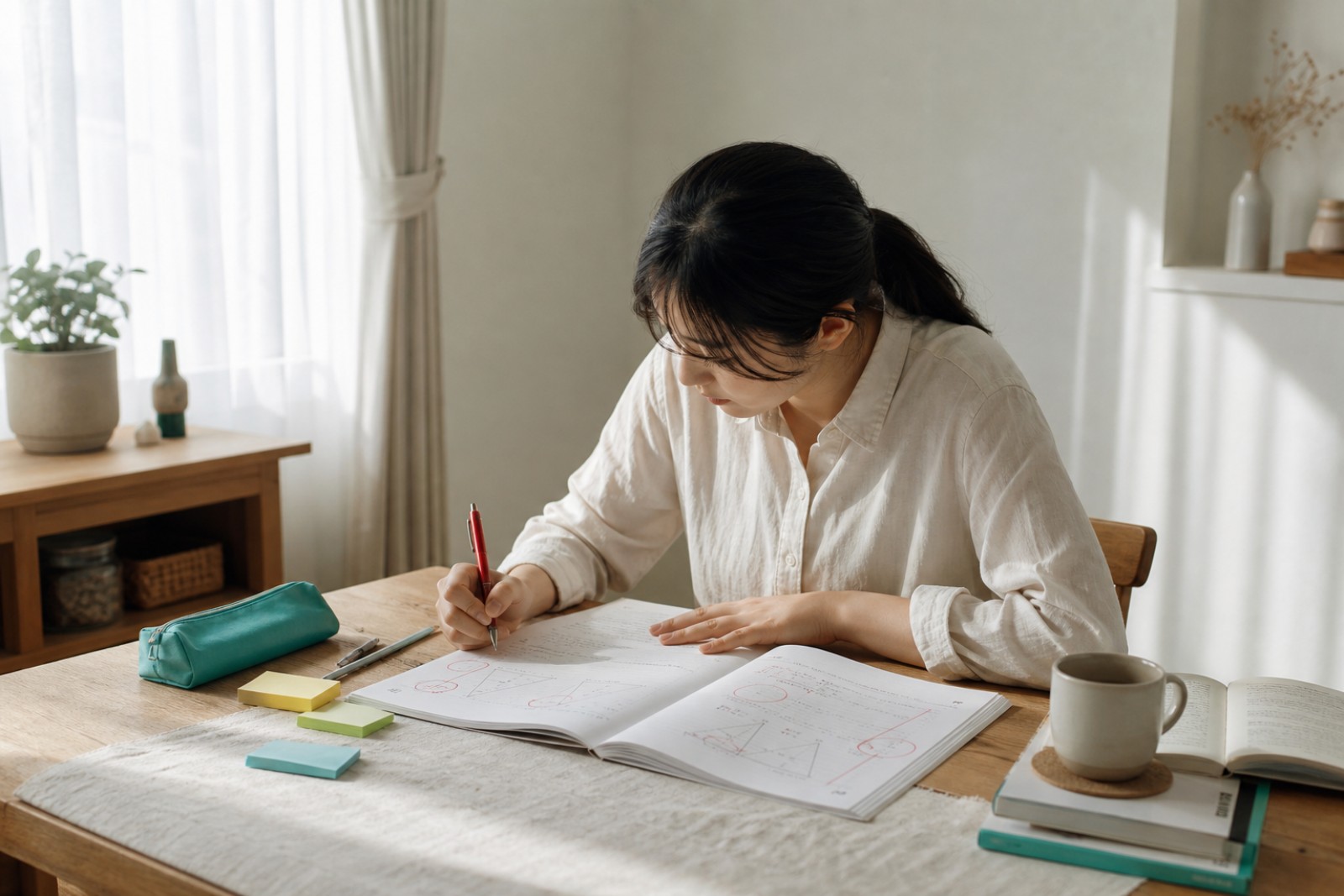 自宅で教員採用試験の数学の学習に取り組む社会人
