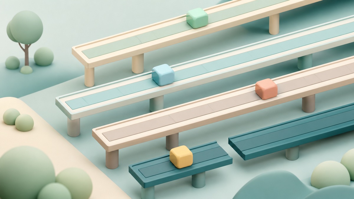 4本の並行するレーンの1本だけが低く、途中に隙間があるアイソメトリック図