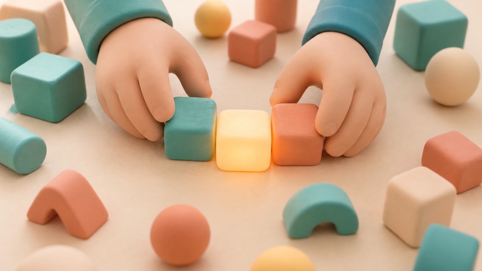 粘土風のブロックを手で並べている様子