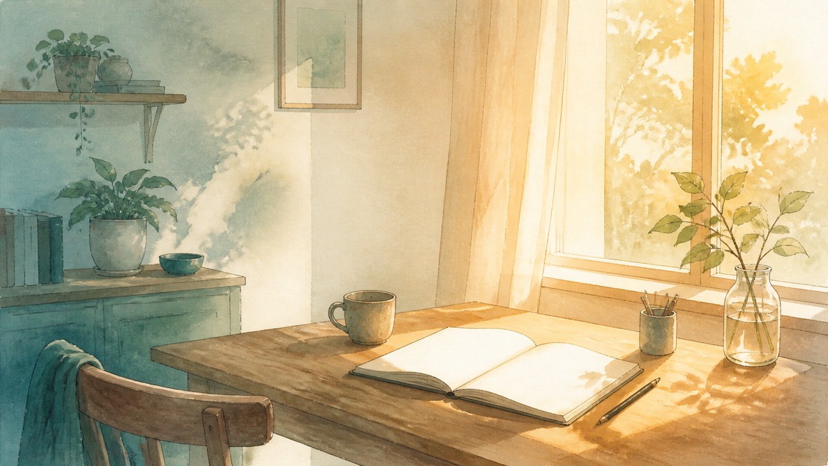 午後の低い光が机に差し込む水彩イラスト