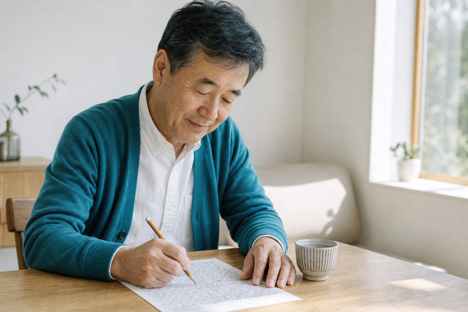 明るいリビングで数のパズルを楽しむ大人