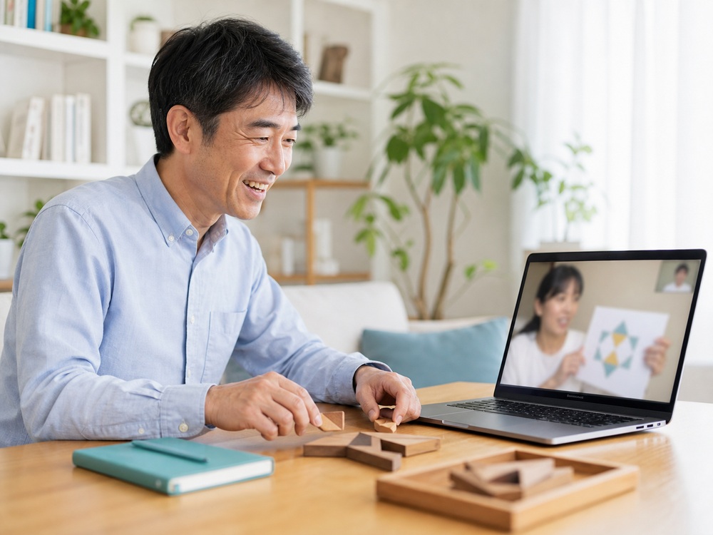 画面共有で図形パズルを一緒に考える様子