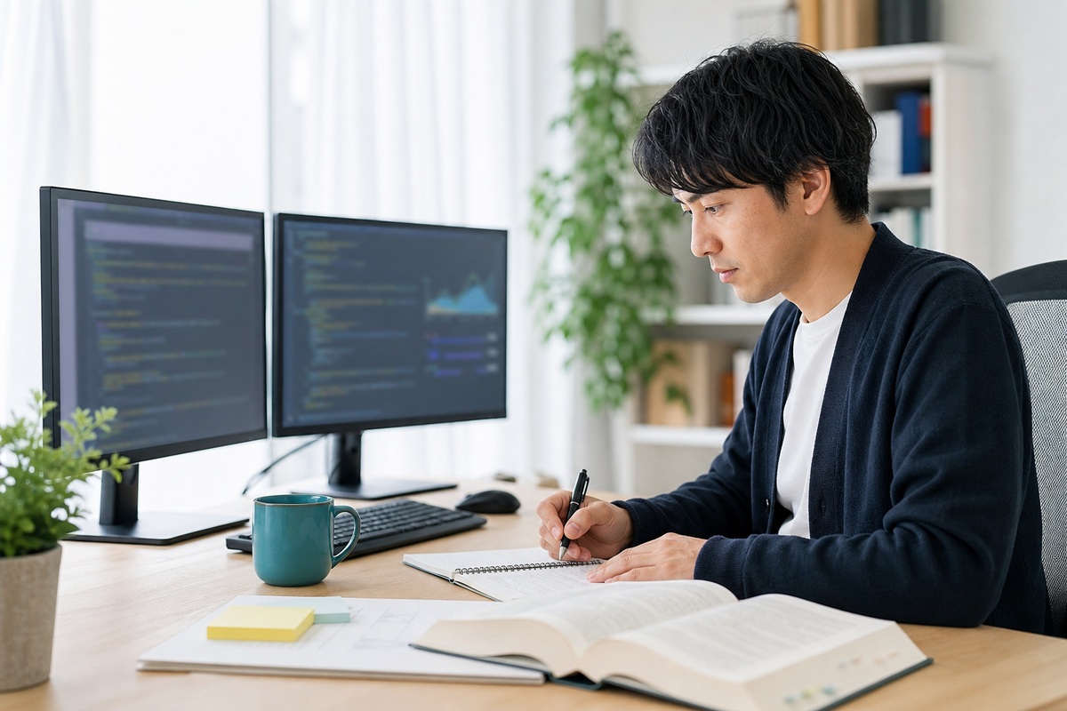 デュアルモニタの前で応用情報の参考書を開くエンジニア