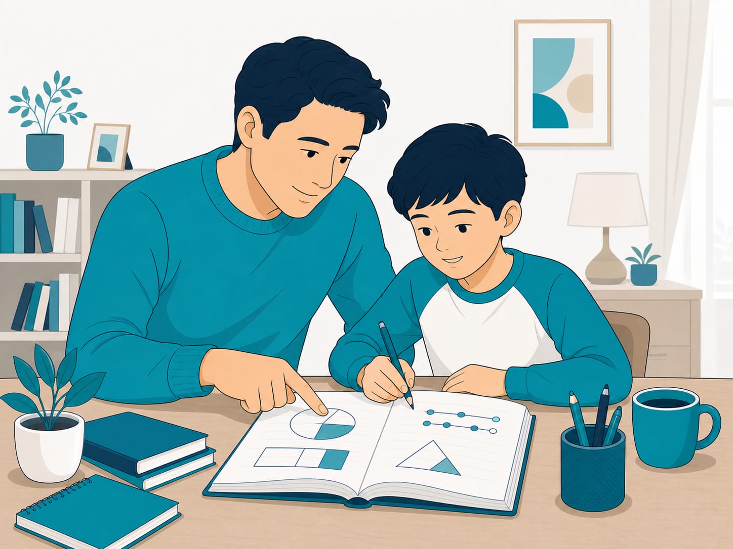 親が子に数学を教えるため学ぶイメージ