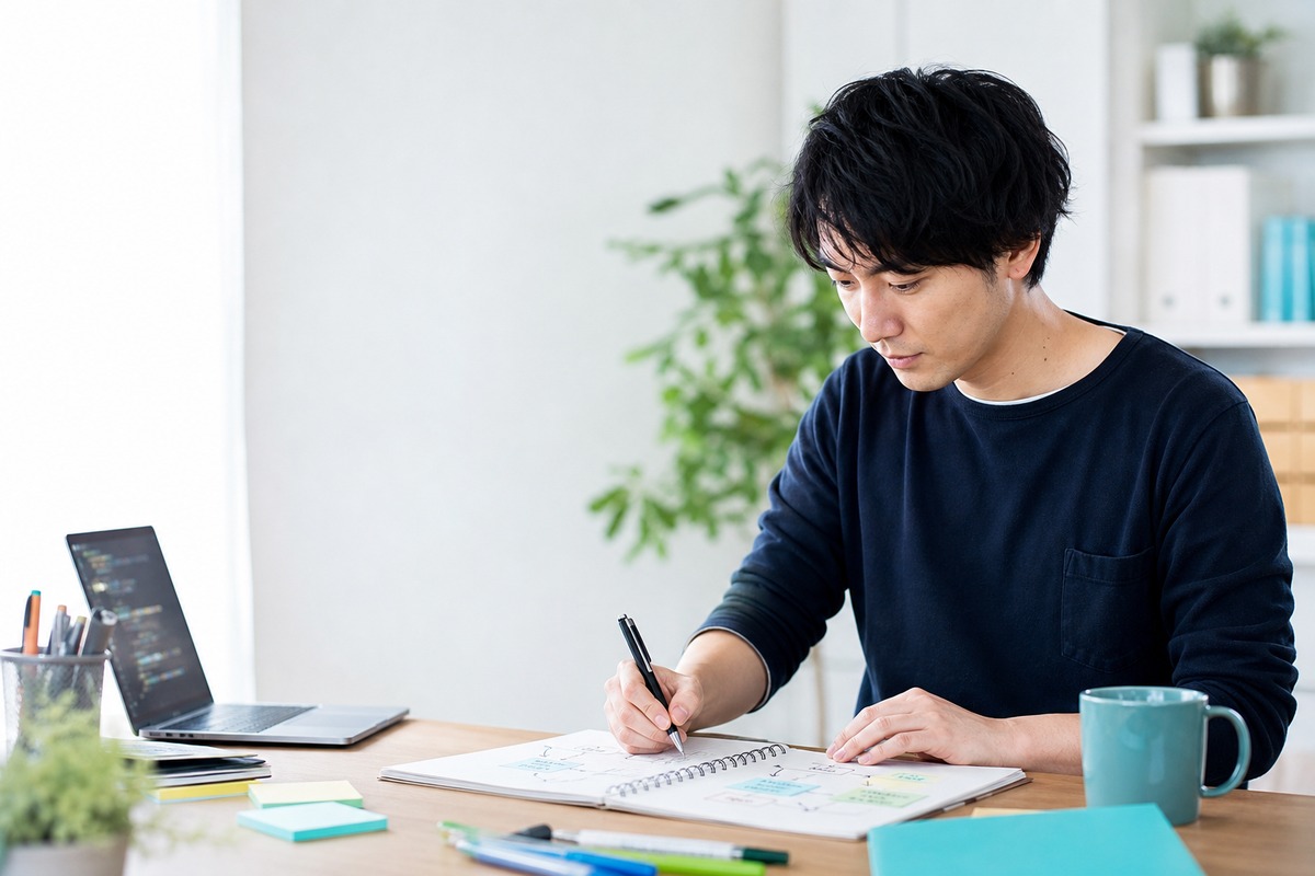 ノートPCと手書きの流れ図でPythonデータ分析を学ぶ様子