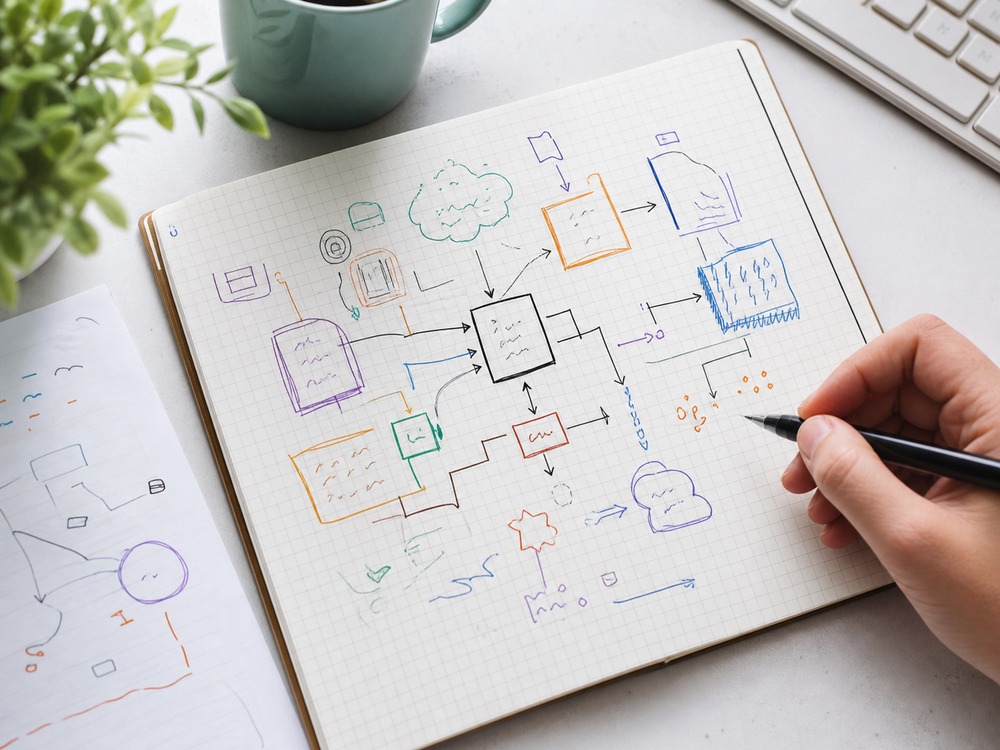 データ処理の流れ図を方眼ノートに書く手元