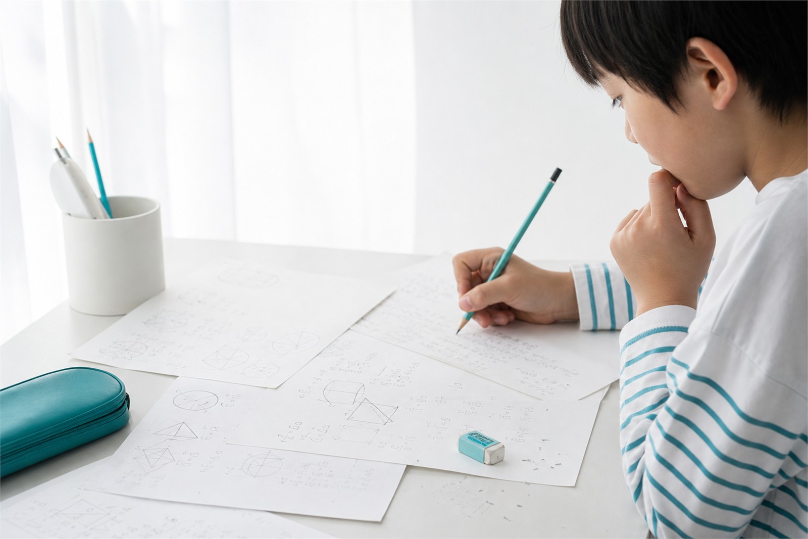 難しい算数の問題に向かって手を動かしながら考える小学生