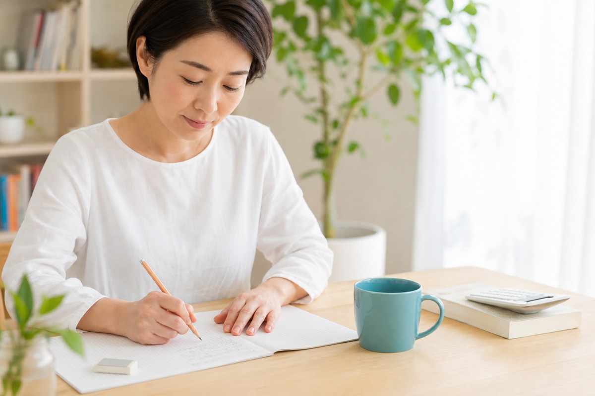 ダイニングでノートに算数の計算練習をする大人