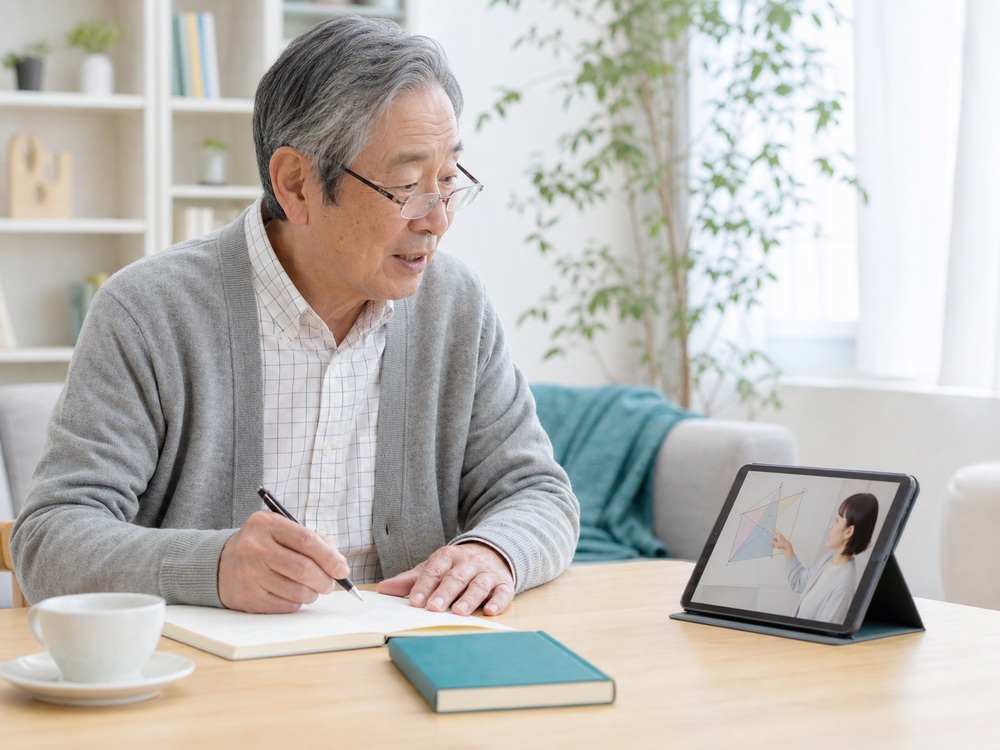 自宅でタブレット越しに講師と話すシニア