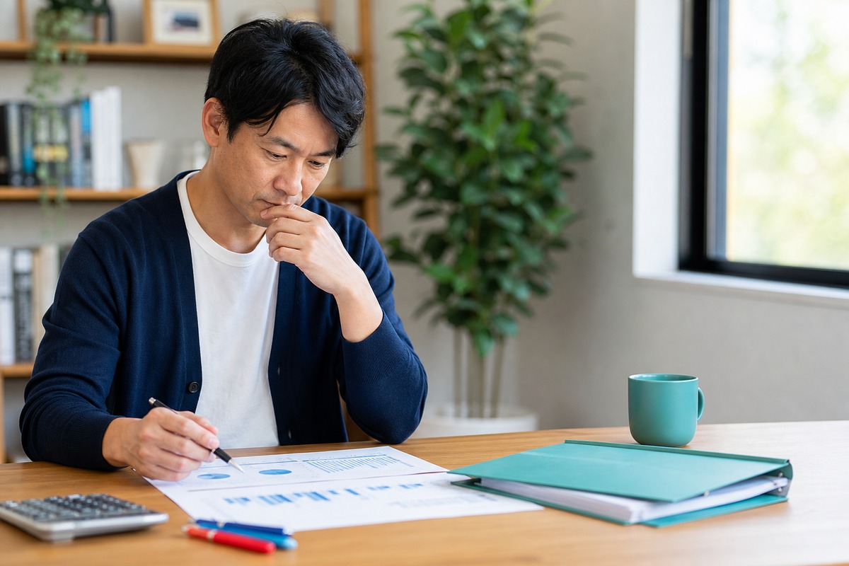 財務諸表と電卓で中小企業診断士の計算に取り組む様子